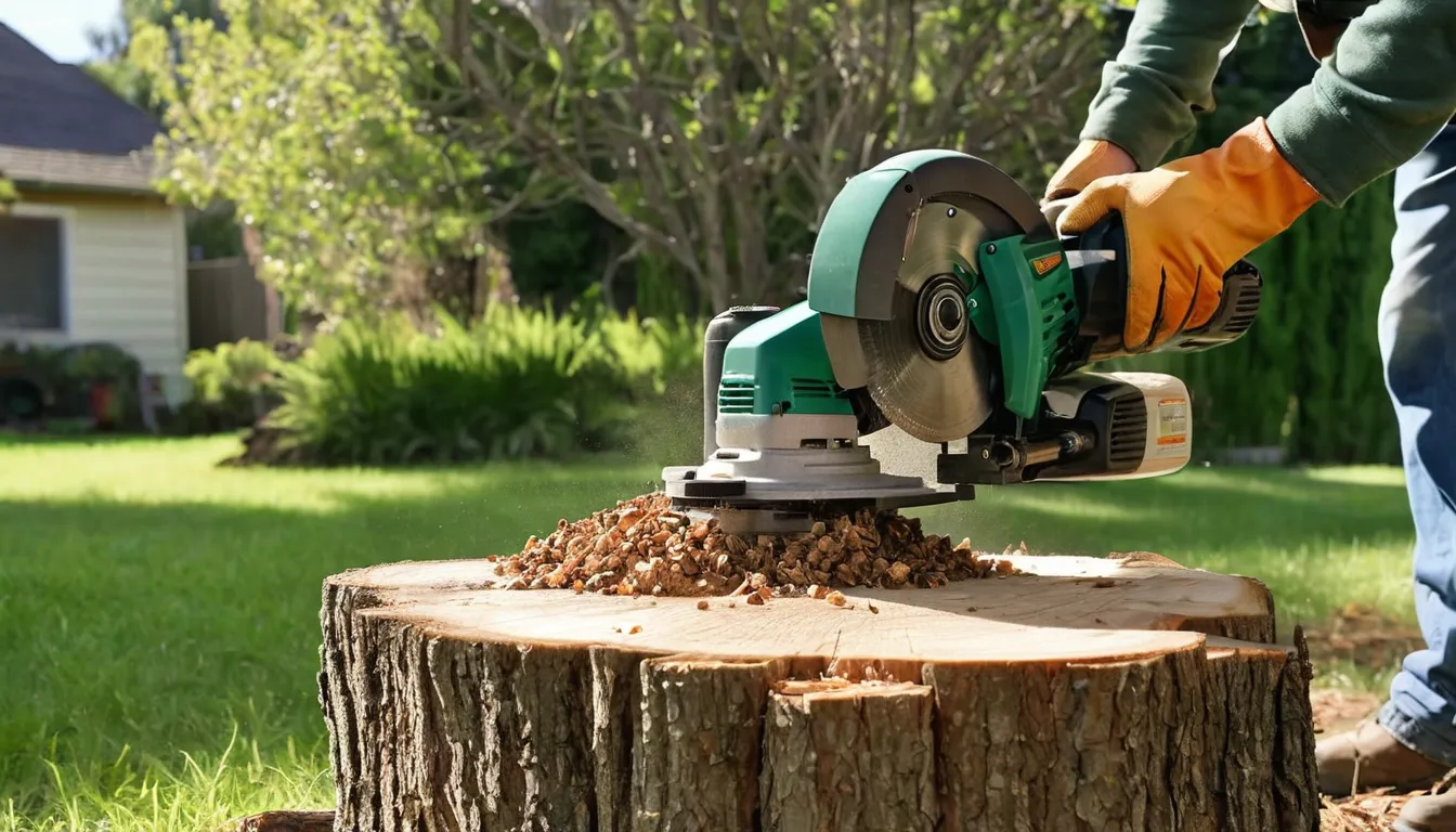 Stump grinder working on an old stump in a backyard in Milwaukee